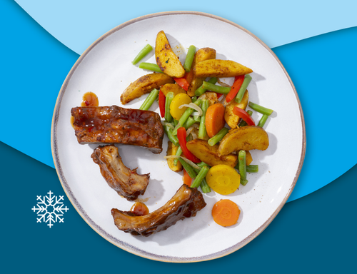 Spareribs, aardappelpartjes met groente