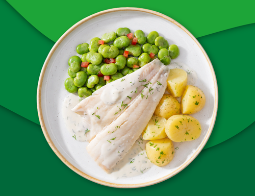 Scholfilet met bieslooksaus, aardappelen en tuinbonen met tomaat