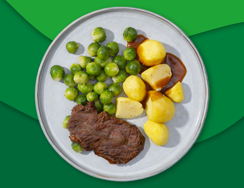 Rundersukade met jus, aardappelen en spruiten