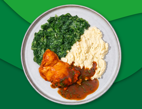 Kipdijfilets met kruidenjus, puree en spinazie à la crème