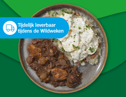 Wildstoof van hert, zwijn en kalkoen met zuurkool met aardappelgratin en kaas