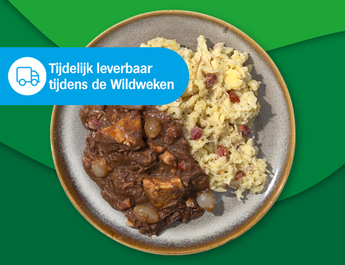 Wildstoof van hert, zwijn en kalkoen met stamppot zuurkool met spek zoutarm