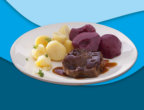 Sukadelap, gekookte aardappelen en stoofpeertjes