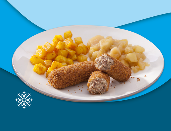 Runderkroketten, gebakken aardappelen en appelcompôte