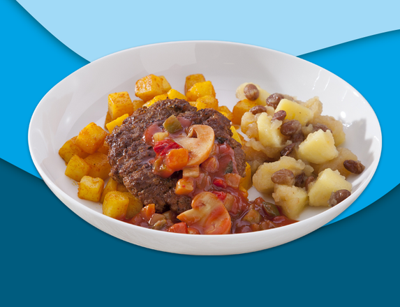 Rundhamburger, gebakken aardappelen en appelcompôte
