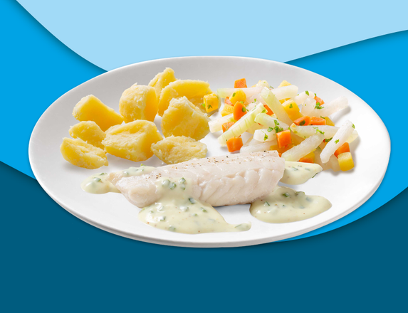 Victoriabaars dillesaus, gekookte aardappelen en groentemix