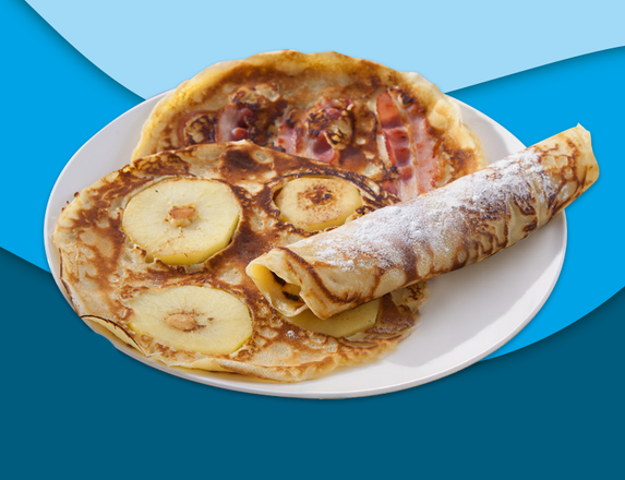 Pannenkoekschotel naturel, met spek en met appel