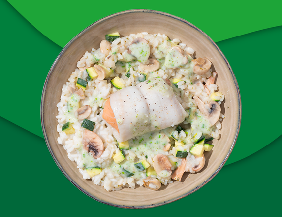 Tongschar-zalmrol met risotto met champignons zoutarm