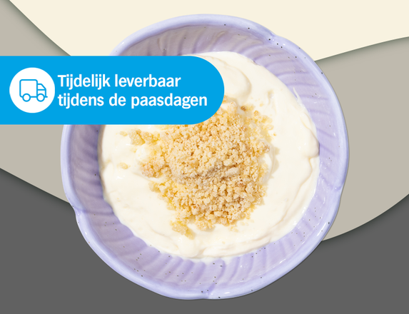 Kwark mango passievrucht met koekkruimels