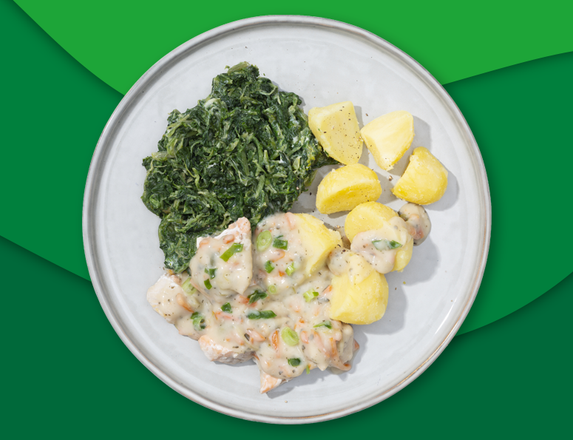Visragout met dille, aardappelen en spinazie à la crème