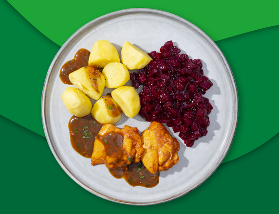 Kipdijfilet met kruidenjus, aardappelen en rode bieten