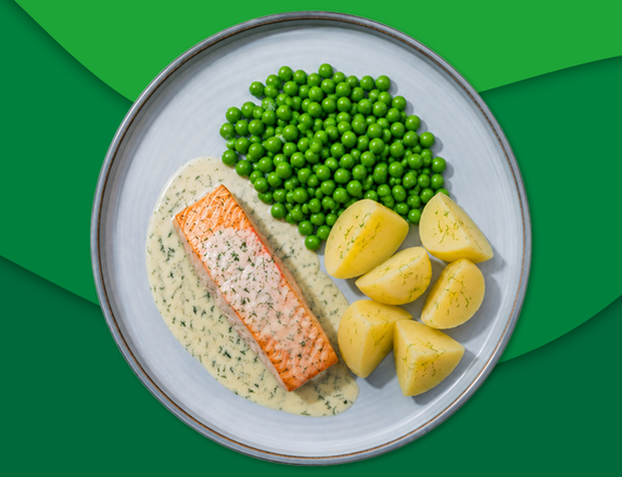 Zalmfilet met dille-citroensaus, gekookte aardappelen en doperwten zoutarm