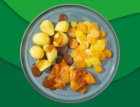 Kalkoenfilet met jus, aardappelen en wortelmix
