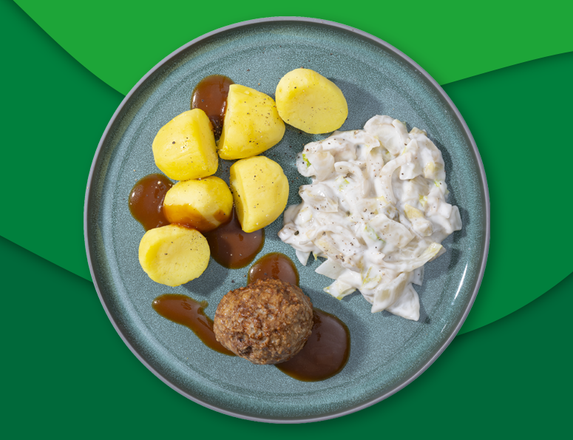 Rundergehaktbal met jus, aardappelen en witlof à la crème zoutarm