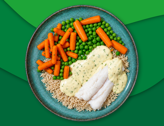 Heekfilet met mosterdsaus, rijst en wortelen met doperwten zoutarm