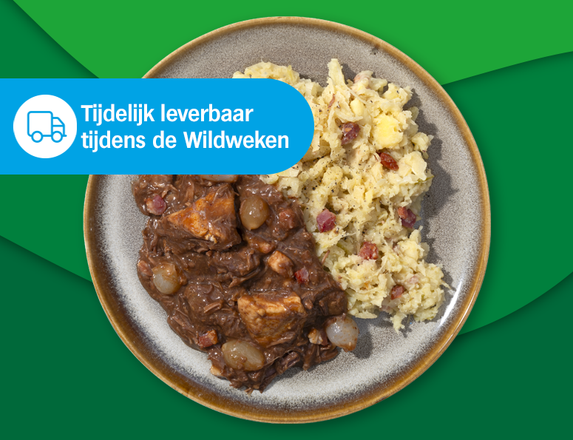Wildstoof van hert, zwijn en kalkoen met stamppot zuurkool met spek zoutarm