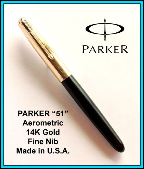 Vintage PARKER "51" Fountain Pen Aerometric BLACK 14K Nib FINE - Ready to Use