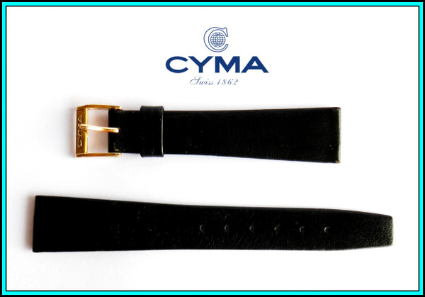 18mm Black SWISS Leather band with ORIGINAL CYMA 14mm Gold plated BUCKLE N.O.S.