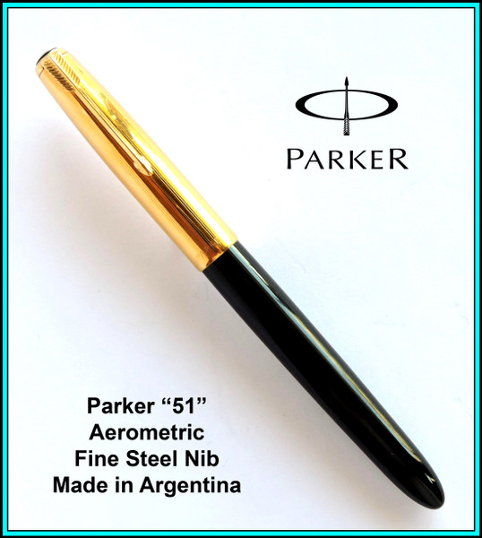 Vintage PARKER AEROMETRIC "51" Fountain Pen - BLACK - St. Steel Nib FINE