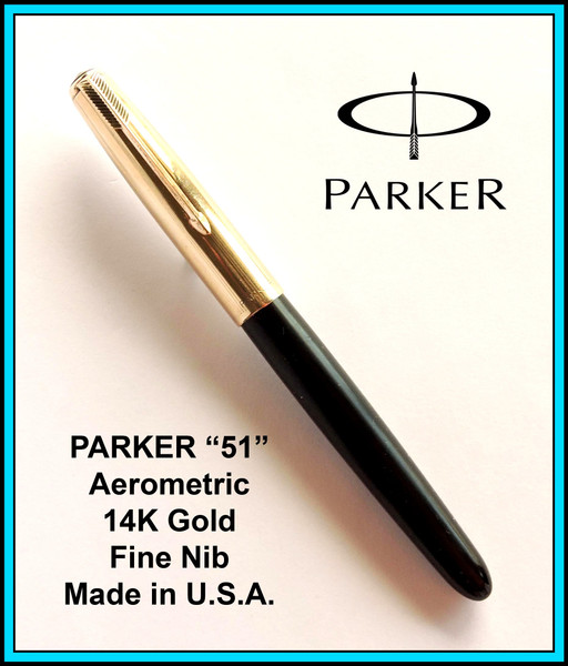 Vintage PARKER "51" Fountain Pen Aerometric BLACK 14K Nib FINE - Ready to Use