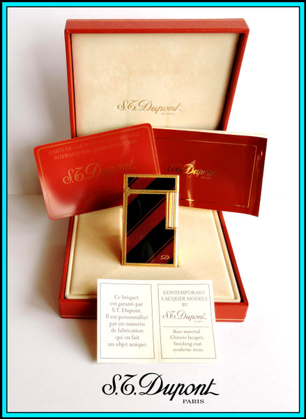 S.T. DUPONT Ligne 1 Gas Lighter Dark Blue & Dark Red Laque De Chine & Gold