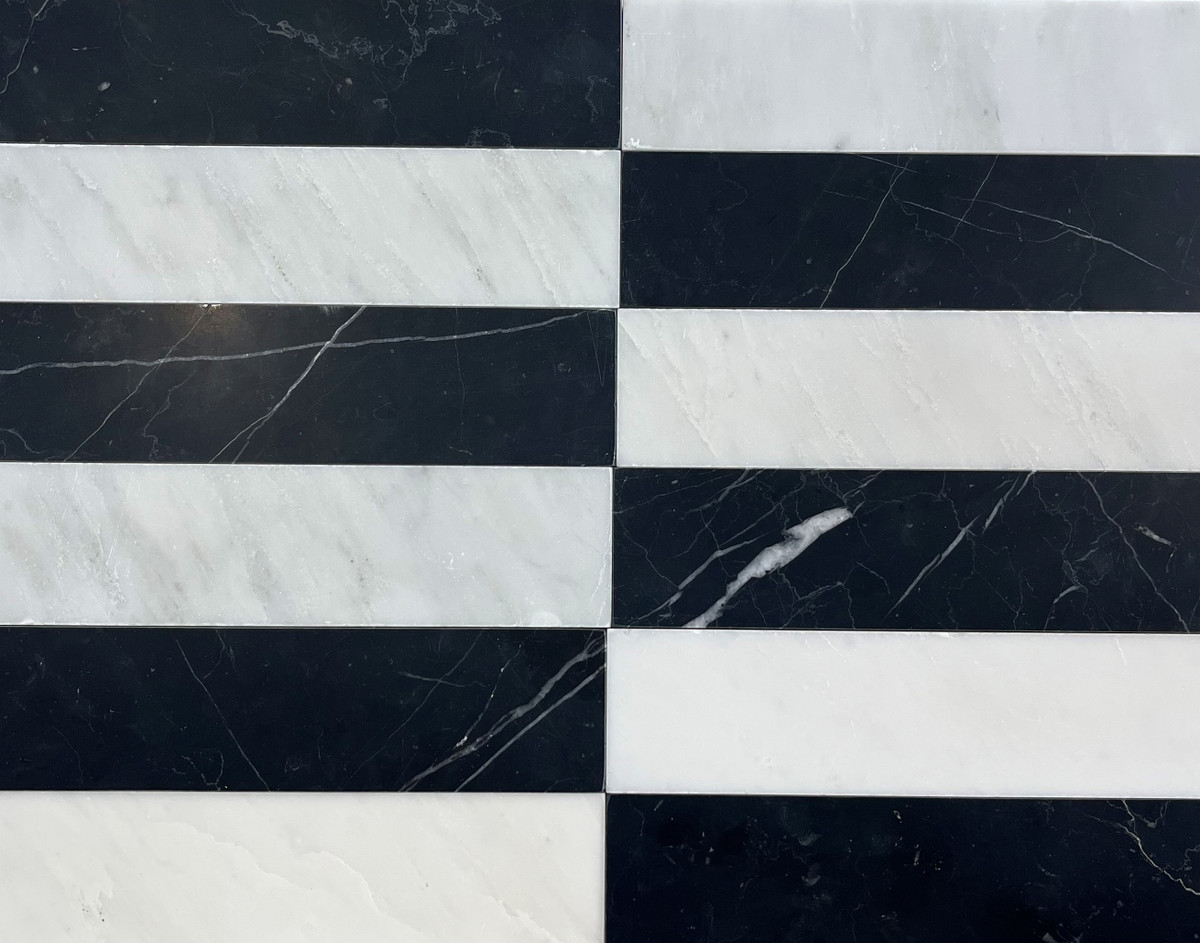 Nero Marquina Honed 2x8 & Ocean White Honed 2x8 Checkerboard