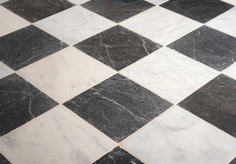 Nero Marquina Tumbled 12"x12" & Italian Carrara Tumbled 12"x12" Marble Tiles