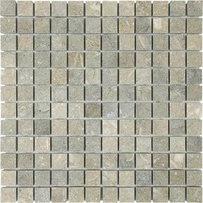 Portland Direct Tile & Marble Verde Rustico Honed 1x1 Mosaic 12x12 Mesh Limestone Mosaic, square mosaic tiles arranged in a grid pattern with natural limestone texture and color variations.