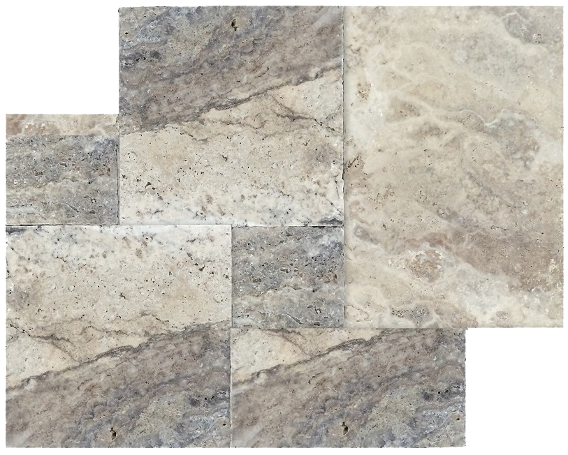 Silver Travertine Brushed & Chiseled & Unfilled Versailles Pattern (Sold in Bundles of 8 SF per Bundle)