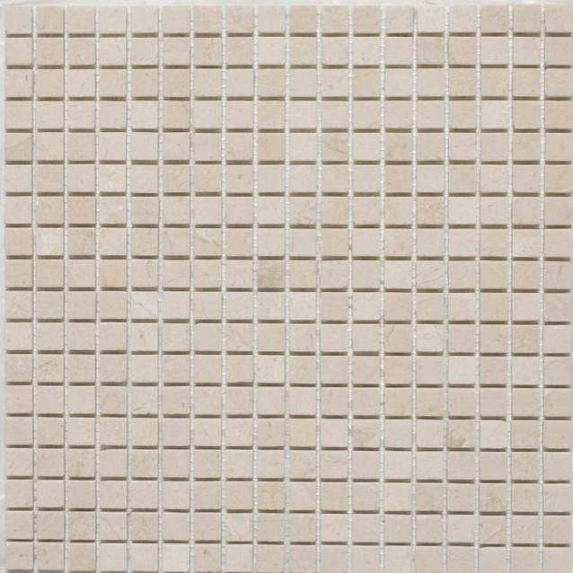 Portland Direct Tile & Marble Crema Marfil Tumbled 5/8x5/8 Marble Mosaic 12x12 Mesh, beige marble mosaic tiles arranged in a grid on mesh backing.