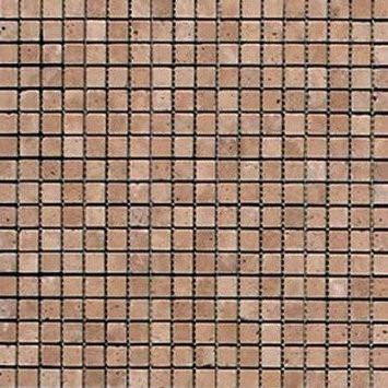 Portland Direct Tile & Marble Noce Travertine Tumbled 5/8x5/8 Travertine Mosaic 12x12 Mesh, a close-up of tumbled noce travertine mosaic tiles arranged in a grid on mesh for wall and floor applications.
