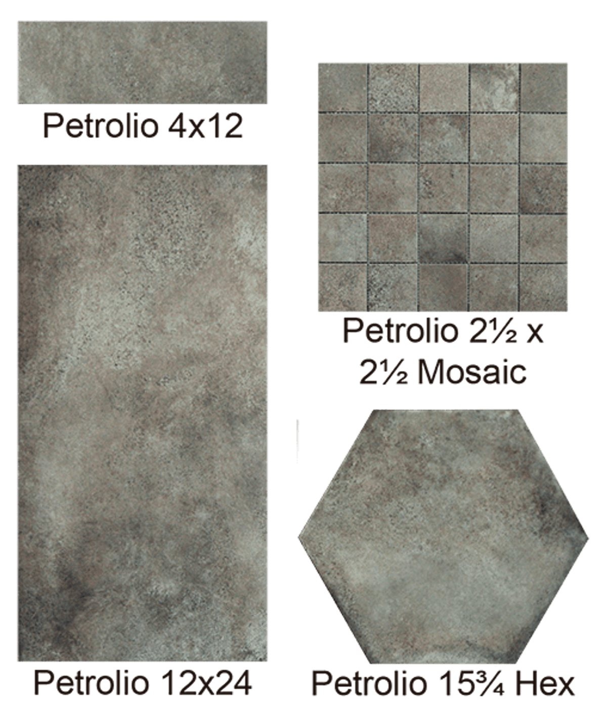 Castello Petrolio 12x24, 3x12 Bullnose, 4x12, 16x14 Hexagon Tiles, 2x2 Matching Mosaics Porcelain Tile