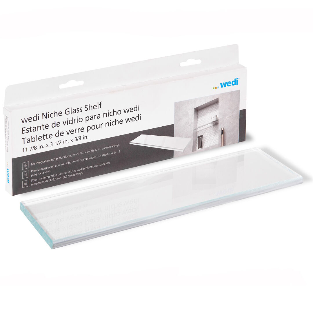 Details
Need a change from tiled shelves? Try the new Premium Glass Shelf for Wedi Niches! Made in the USA, this shelf is made of premium quality, clear, low iron tempered glass and designed with a pencil polish front edge finish. This new shelf is 3/8" thick with a pencil polish front edge finish. It’s the perfect complement to a beautiful, modern shower design! It is a premium quality alternative to tiled shelves to be used with Wedi niches.

More Information
More Information
SKU	US3000050
Non-Returnable	No
Manufacturer	Wedi
Manufacturer Part Number	US3000050
Size (L x W x H)	11 7/8" x 3 1/2" x 3/8"