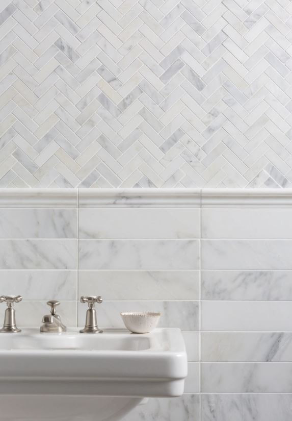 Ocean White Honed 1"x3" Herringbone & Ocean White Honed 3"x12"