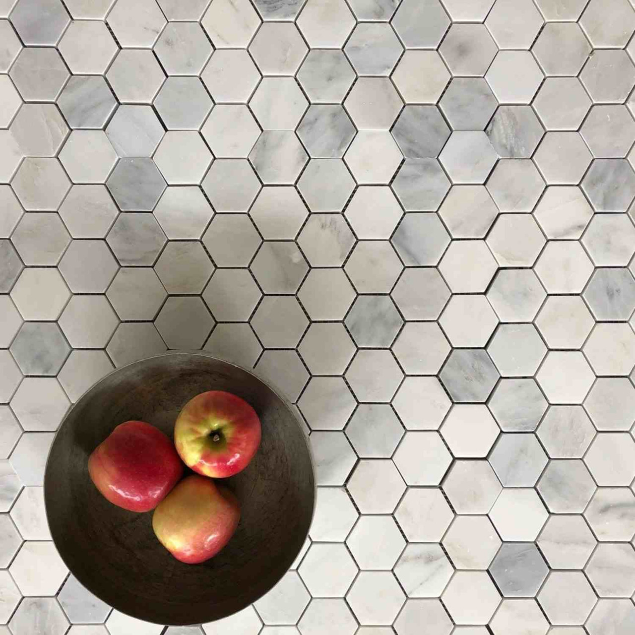 Ocean White Honed 2" Hexagon Mosaic 12"x12" Mesh