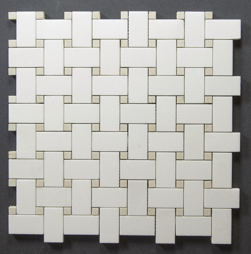 Thassos Honed Basketweave With Crema Marfil Dots 12x12 Mosaic