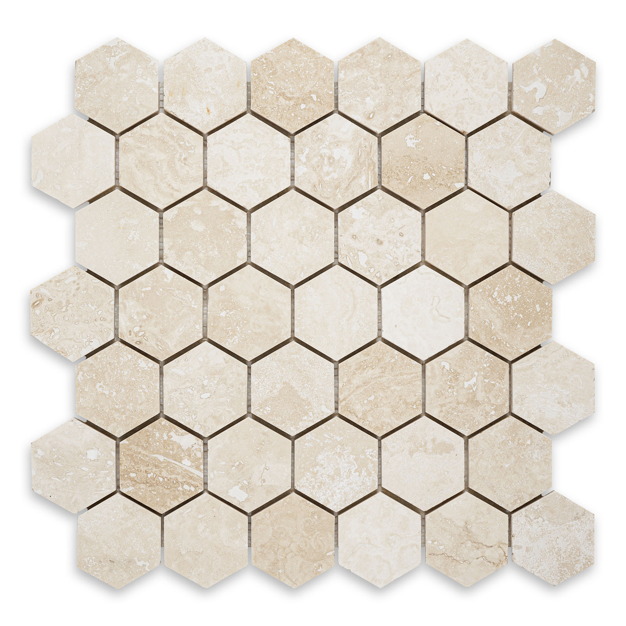 Ivory Premium Travertine Hexagon 2″
Filled/ Honed