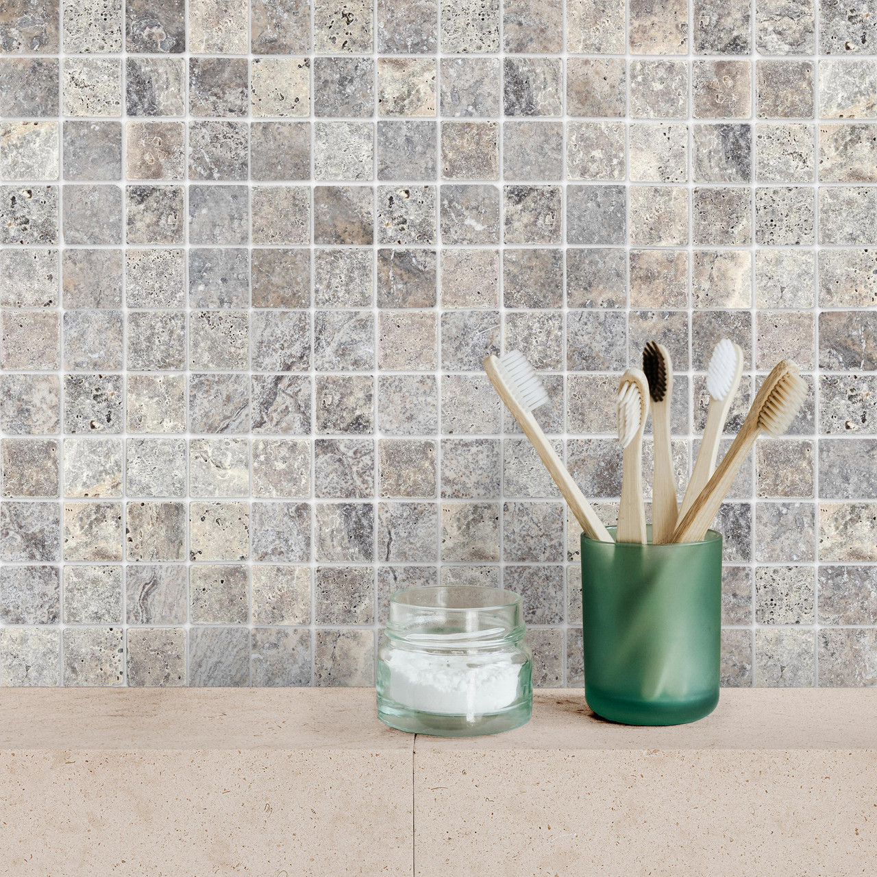 Silver Premium Travertine Square 2″ X 2″ Tumbled