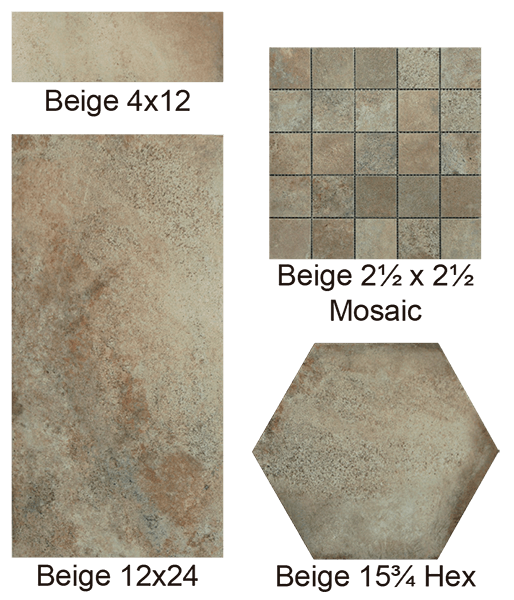 Castello Beige 12x24, 3x12 Bullnose, 4x12, 16x14 Hexagon Tiles, 2x2 Matching Mosaics