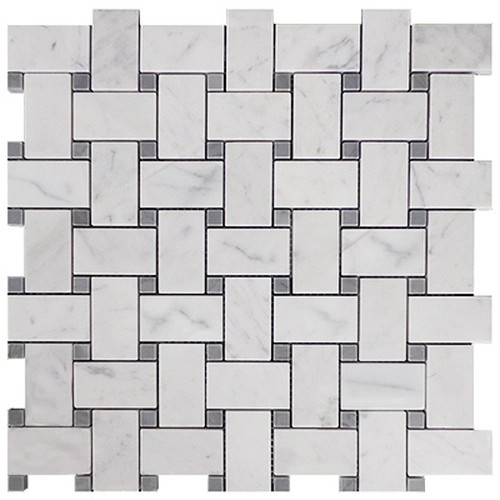 Carrara White Italian Marble Basketweave Mosaic Tile with Bardiglio Gray Dots Polished