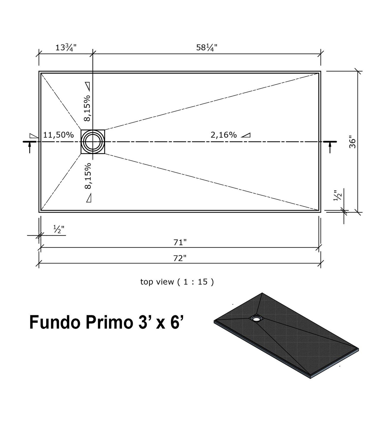 Wedi Shower Kit - Primo 36 in. x 72 in. Off Set Drain US2000008