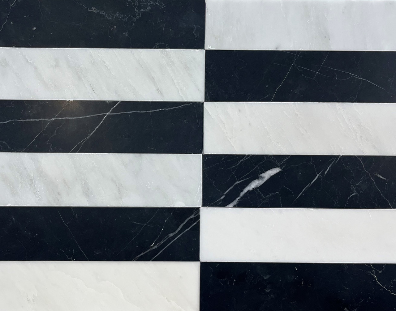 Nero Marquina Honed 2x8 & Ocean White Honed 2x8 Checkerboard