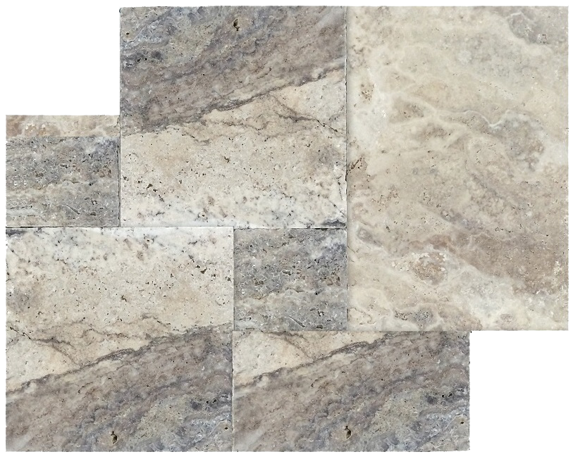 Silver Travertine Brushed & Chiseled & Unfilled Versailles Pattern (Sold in Bundles of 8 SF per Bundle)