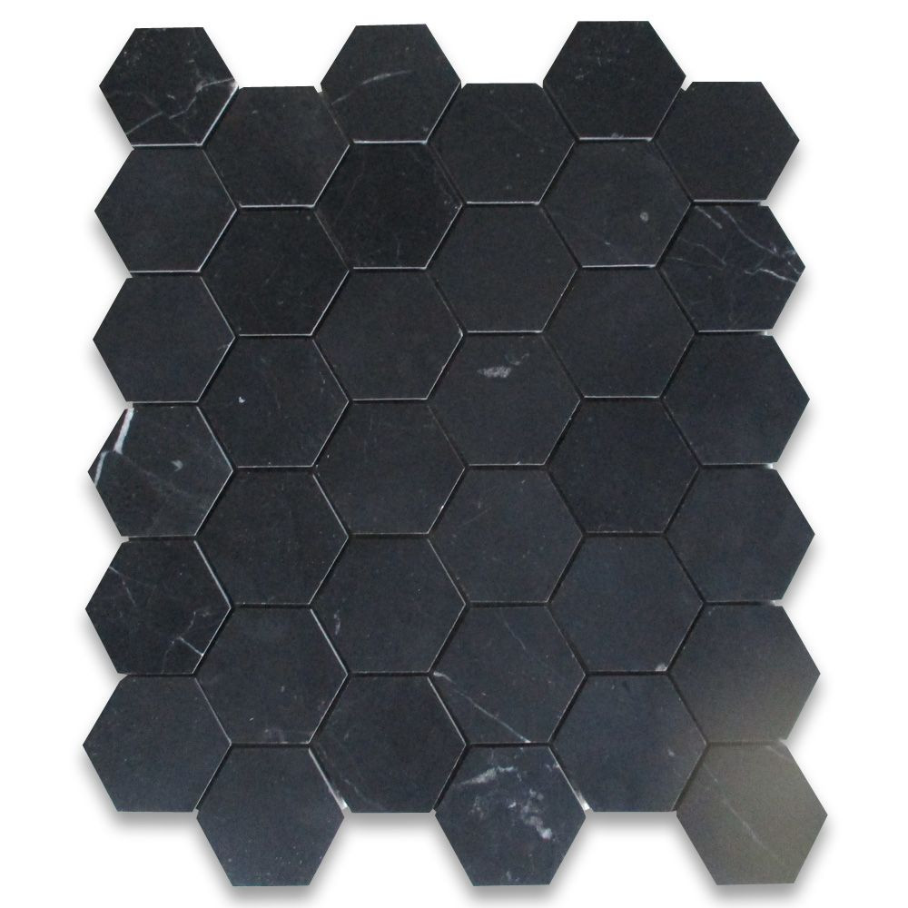 Nero Marquina Black Marble 2 inch Hexagon Mosaic Tile Honed