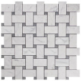 Carrara White Italian Marble Basketweave Mosaic Tile with Bardiglio Gray Dots Polished