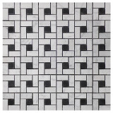 Carrara White Italian Marble Target Pinwheel Mosaic Tile with Nero Marquina Black Dots Honed