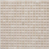 Portland Direct Tile & Marble Crema Marfil Tumbled 5/8x5/8 Marble Mosaic 12x12 Mesh, beige marble mosaic tiles arranged in a grid on mesh backing.