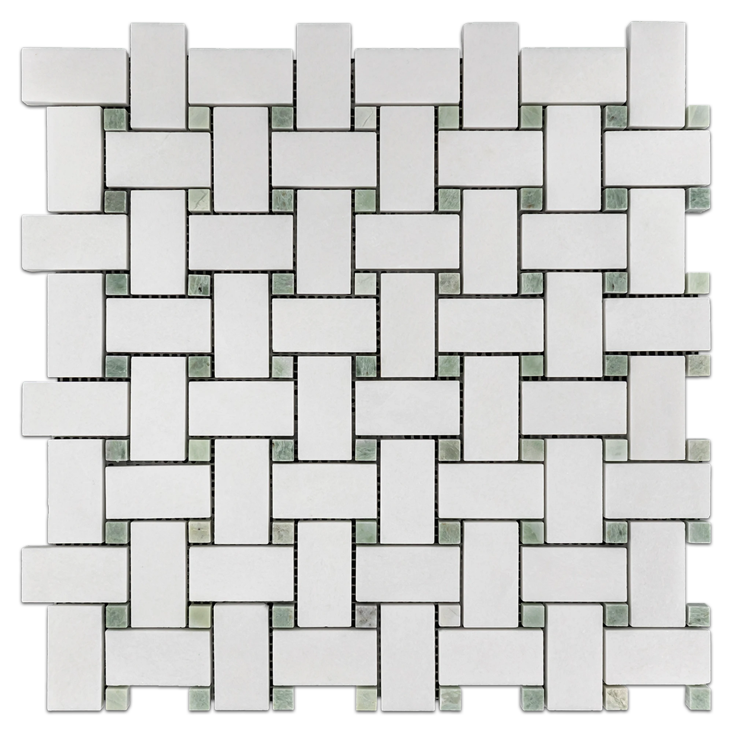 Thassos White Marble Basketweave Polished with Ming Green Dot 12x12