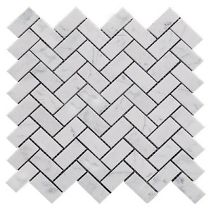 Carrara White Italian Marble 1” x 2” Herringbone Mosaic Tile Polished Carrara White Italian Marble 1” x 2” Herringbone Mosaic Tile Polished