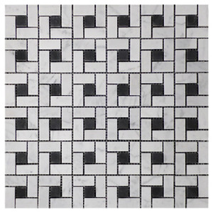 Carrara White Italian Marble Target Pinwheel Mosaic Tile with Nero Marquina Black Dots Honed Carrara White Italian Marble Target Pinwheel Mosaic Tile with Nero Marquina Black Dots Honed